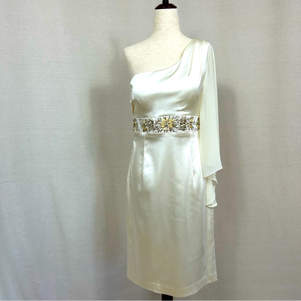 NWOT CHETTA B. Evening One Shoulder White Satin Dress Size 6